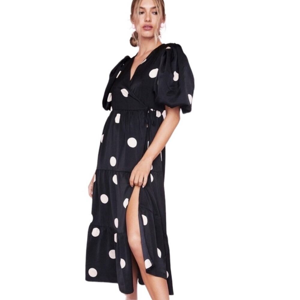 NWT Nasty Gal Collection Black Polka Dot Print Wrap Dress Midi Puff Sleeve US 6